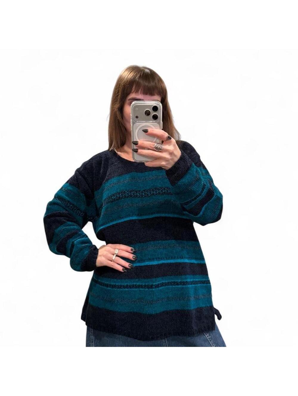 Vintage 90s Teal Striped Oversized Sweater